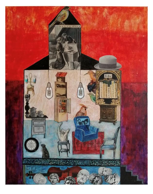 Perhesalaisuuksia, 2023, 40x50, sekatekniikka kankaalle