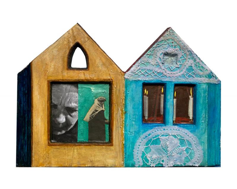 Entinen rukoushuone, 2024, 20x28, sekatekniikka vanha kirja