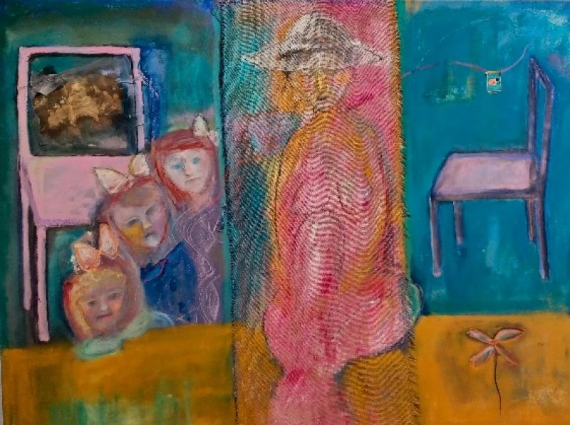 Yhteyksien kytköksissä, vv 2025, 100×140 cm, öljymaalaus kankaalle