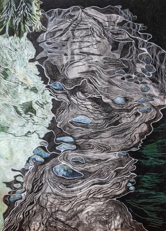 Vargån sa till mig i sommarnatt: du och jag, vi har inte kommit för att tämja varandra / Ja kesäyönä susijoki sanoi minulle: sinä ja minä, emme ole tulleet kesyttämään toisiamme
150cmx210cm / Kol och pastell på papper