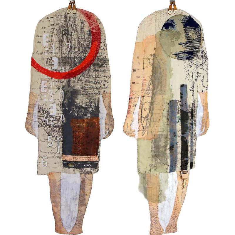 Mind over matter 2022, Serigrafia, muste, vesipetsi, kahvi, akryylimaali, käsinkirjonta, kierrätyskankaat ja vaatteen osat, 105x40 cm