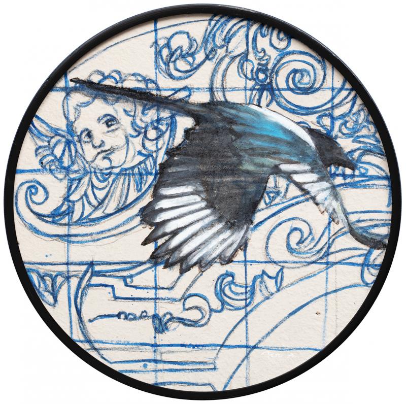 Harakka I, 50 cm,  pullotussi, akryyli, samettikankaalle, musta kehys 2025