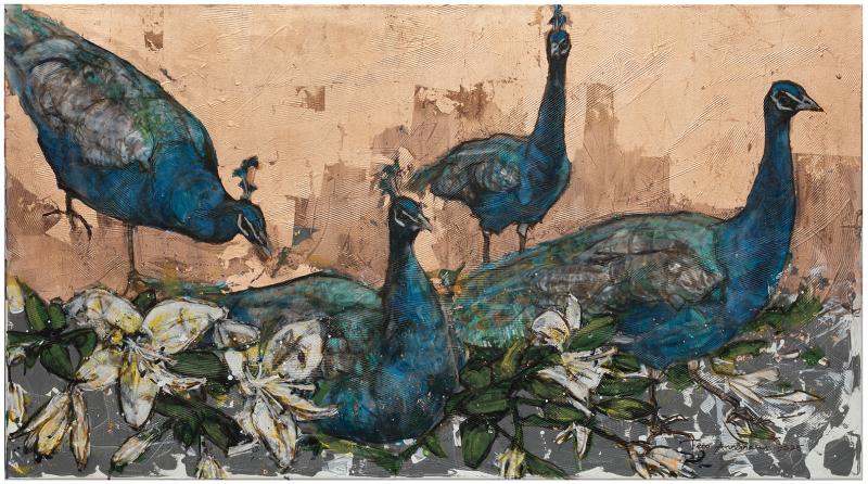 Yövartio, 75x135 cm, pullotussi, kuparilehti kankaalle 2025 