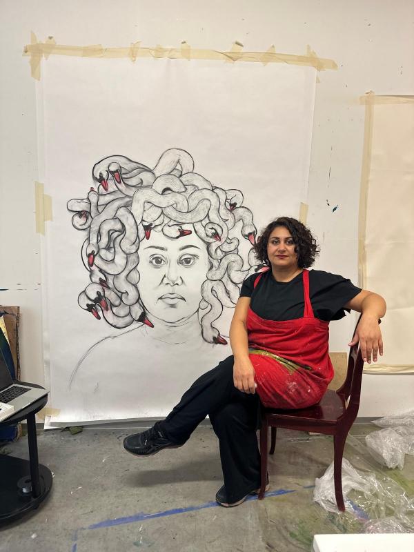 Making a self portrait Medusa with swans called "Crown of Glory"