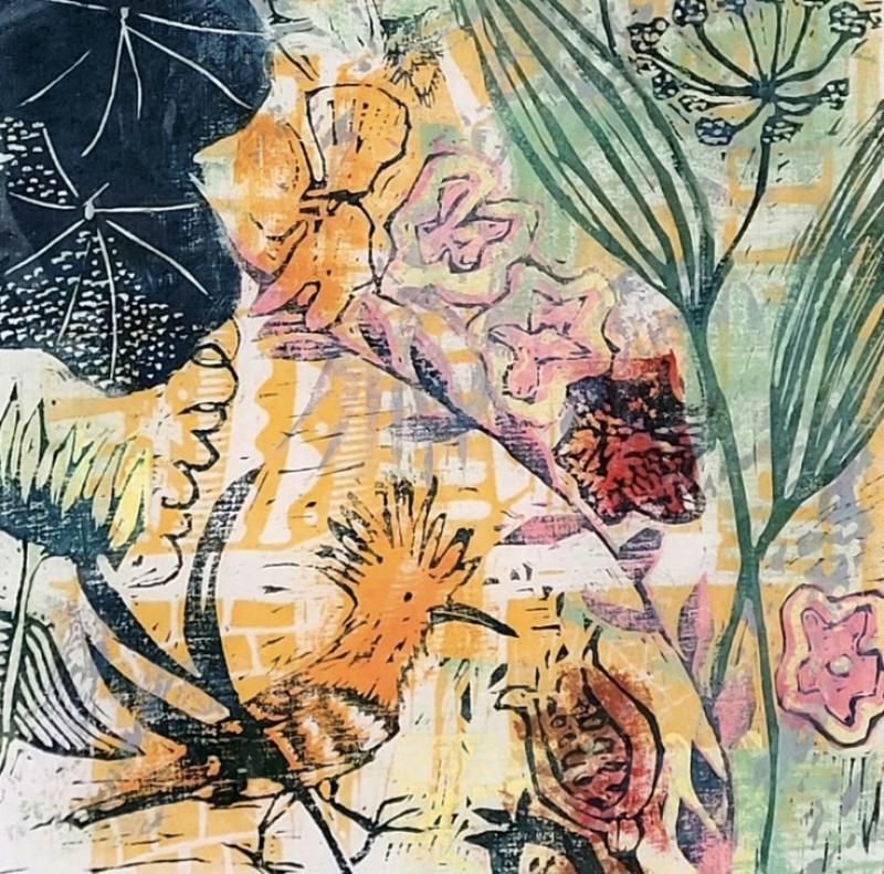 Sirkka Palonen, Yllätysvieras, puupiirros, 26x20. 2025