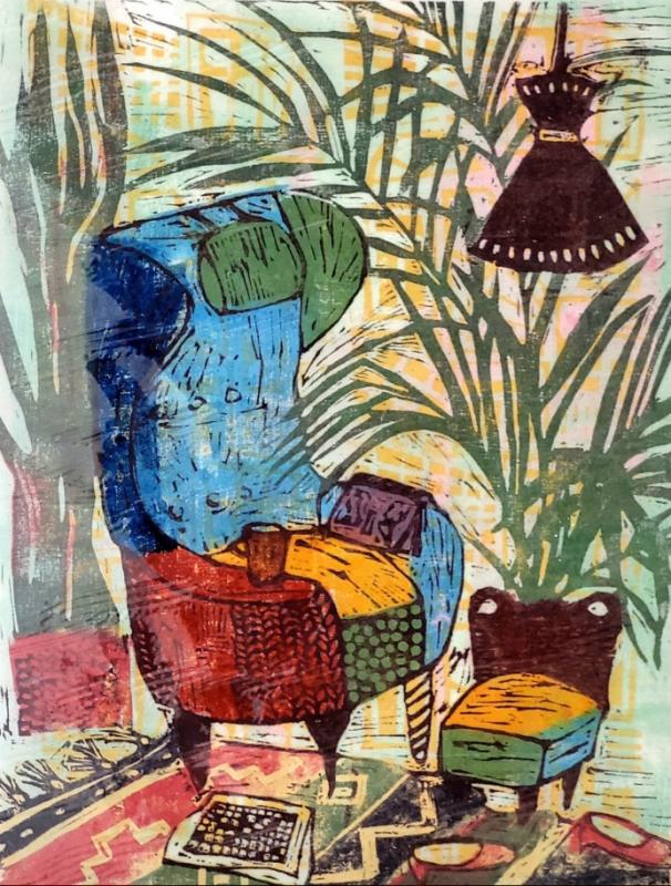 Sirkka Palonen, Laiskalinna 30x23,cm, puupiirros, 2025