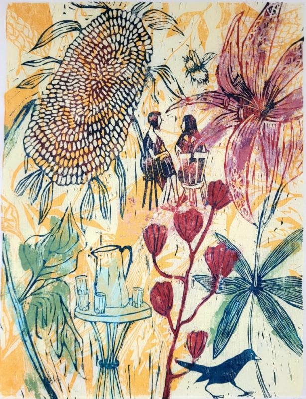 Sirkka Palonen , iltapäivä puutarhassa, 27x28cm , puupiirros 2025