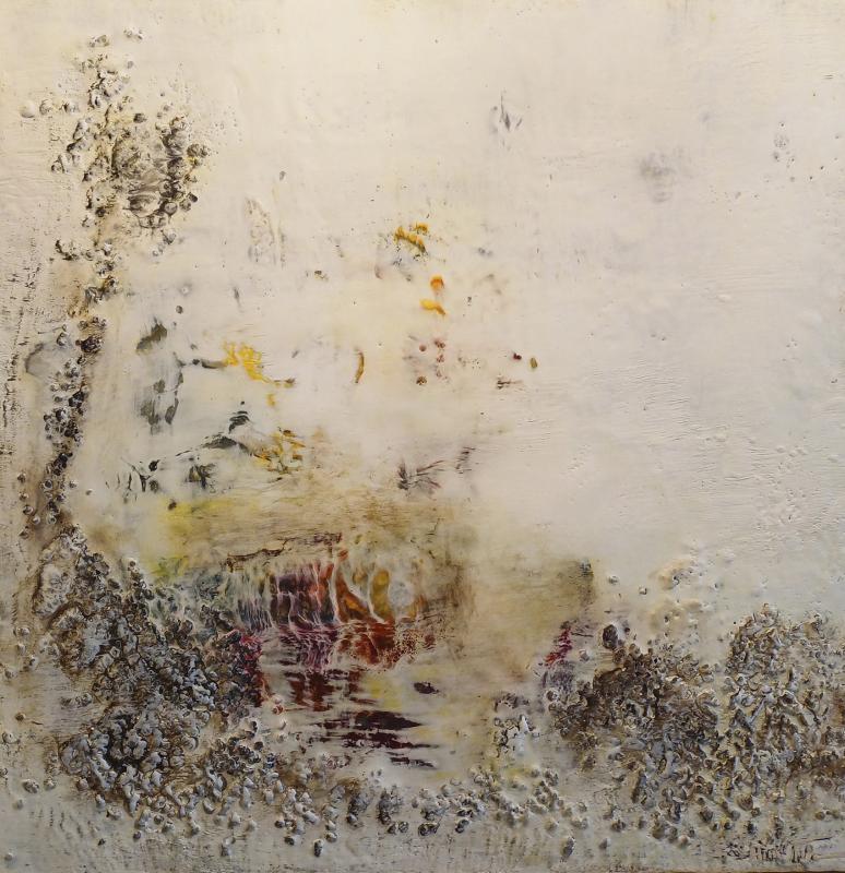 Sari-Aino Tolonen, "Tiedon lähde", encaustic vanerille, 60 x 60 cm, 2023