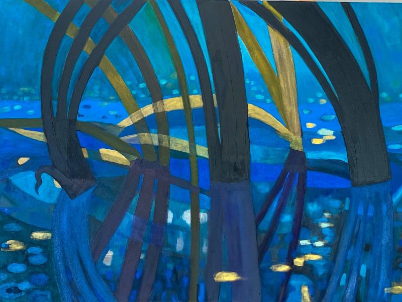 Yö lammella, öljy kankaalle 120 x 180cm, 2024