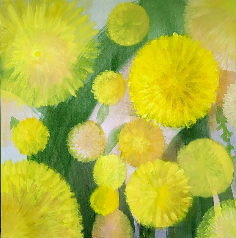 voikukat, sekatekniikka kankaalle 80 x 80cm 2025