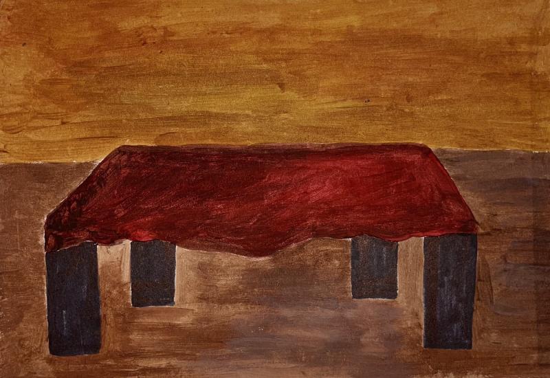 Linnea Korpi, The Dinner Table, akryl på hård papp, 29,7 × 21 cm,  2025