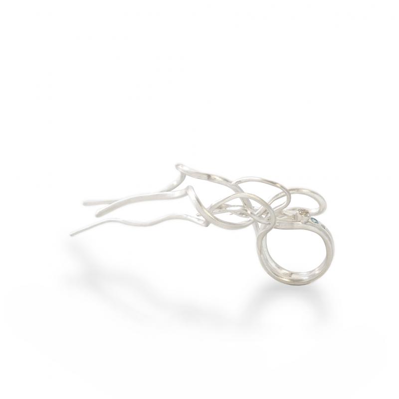 Meira Rauta, L eau Vivante, 2025, ring, silver, aquamarine, topaz, rock crystal, 8,5x3,5x4,5cm, handmade