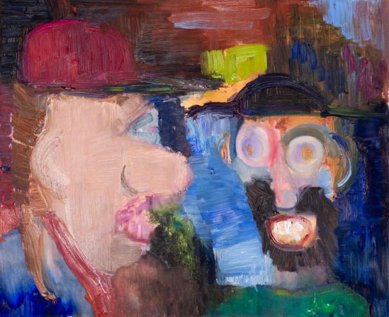 Milla Isomäki, Juoruäijät, öljy kankaalle, 48x60, 2023