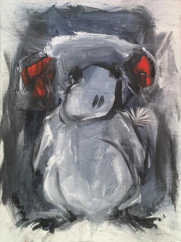 Joku kuuntelee, akryyli, höyhen, 2022