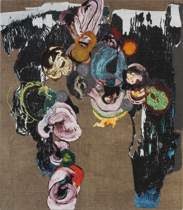 Samu Raatikainen, Feast No 3, 2022, akryyli, muste, grafiitti, hiekka, mineraali ja japaninpaperi kankaalle, 80,5x70,5cm.