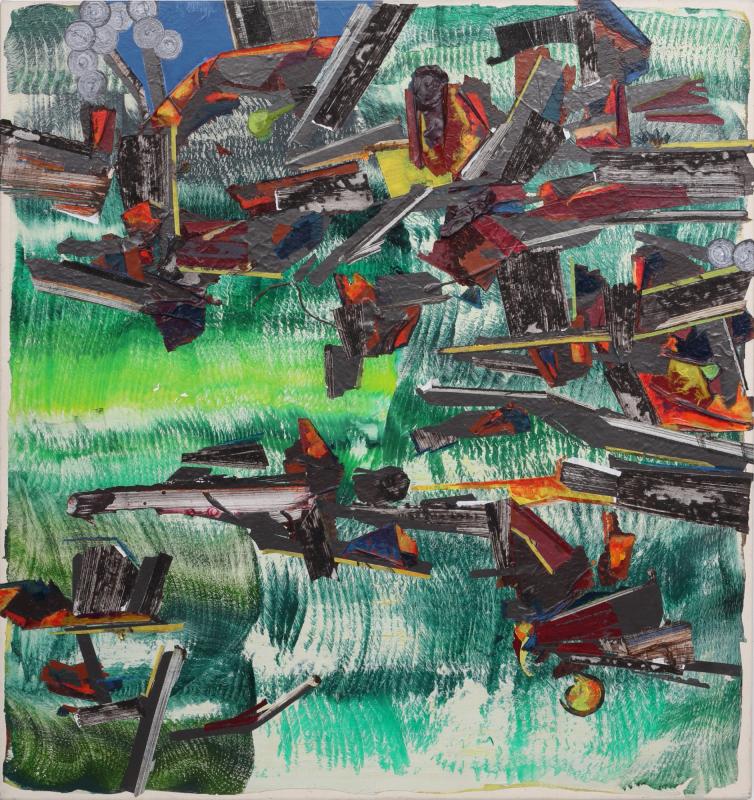 Samu Raatikainen, Bridging, 2022, akryyli, muste, grafiitti, hiekka ja japaninpaperi kankaalle, 128x121cm.