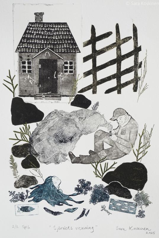 Sara Koskinen - "Sjöråets viskning", etsning, akvatint, djuptryck, 2025 