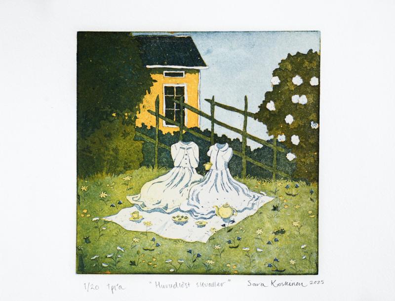 Sara Koskinen - "Huvudlöst skvaller", etsning, akvatint, 2025 