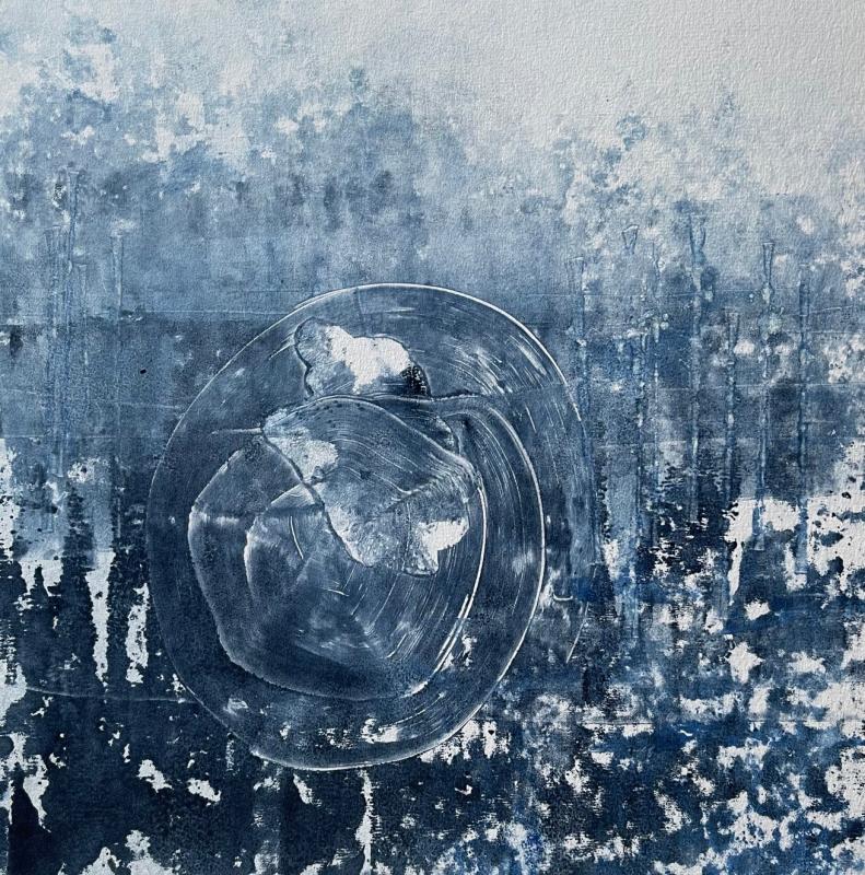 Konstnär; Monique Lundberg, Titel; "Bubbles Blue", Teknik; Grafik, Monotypi, Mått; 30x30cm; Årtal; 2026