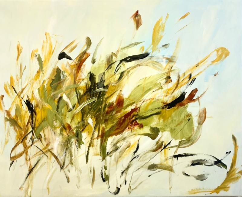 Anu Eskelin, Suojaväreissä 2025,akryyli kankaalle 80 x 100 cm