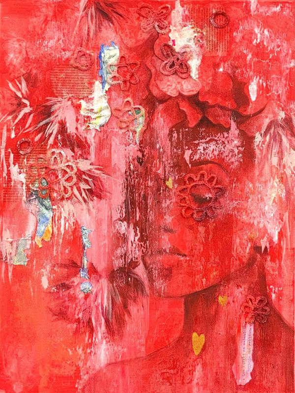 Paula Pitkänen, Mielen virkkailut, akryyli, paperi, kuivuneet paletinpalaset ja villalanka kankaalle, 80x60 cm, 2026