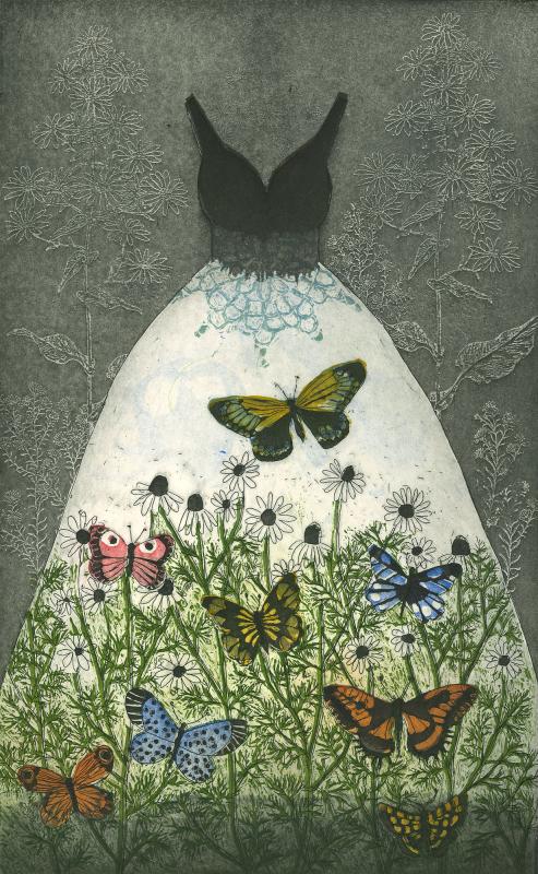 Kirsi Neuvonen Kesäniittypuku 2024 etsaus akvatinta kopiosyövytys 40x25 cm