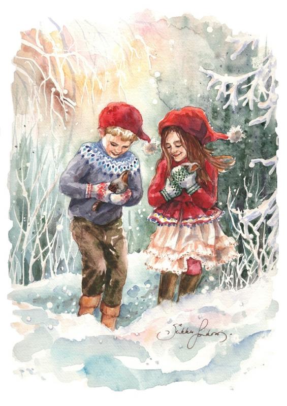 Sirkku Saukonoja, Lapasten lämmössä. akvarelli A4, 2023