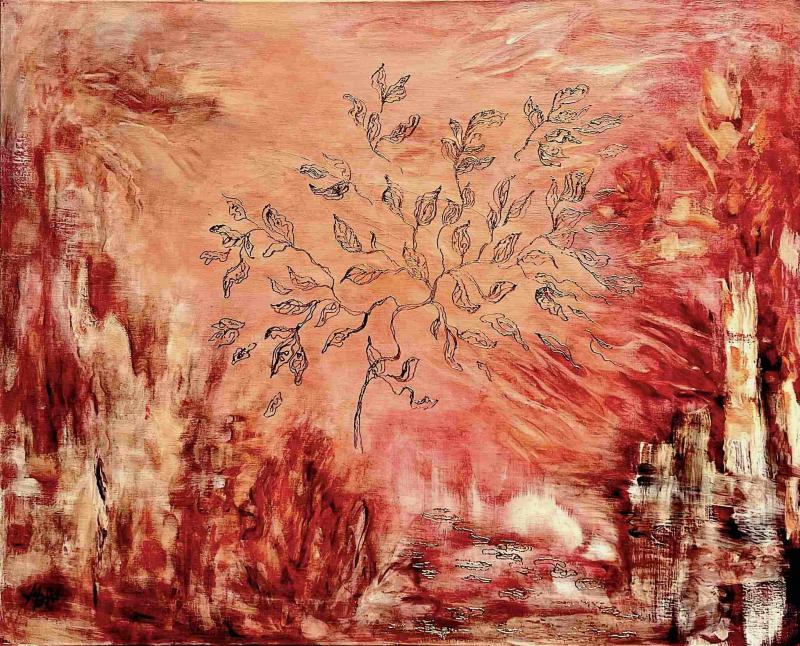 Mari Blomroos-Heininen, Finland, Golden tree in red landscape, 2025,  oil on canvas,  80x100cm2025IMG_5651.1jpg