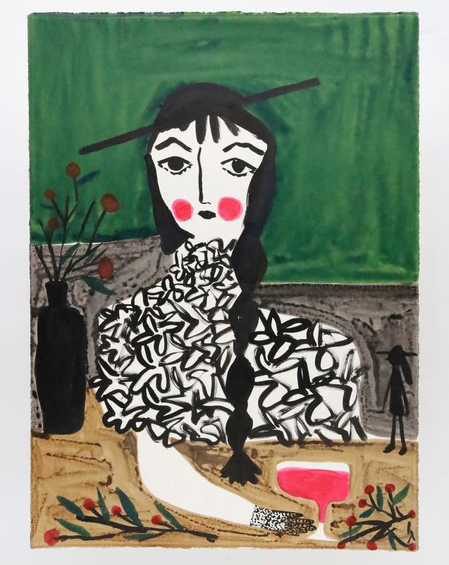 Jenni Tuominen, Kirsikka, tussi paperille, 90 x 69 cm, 2025.