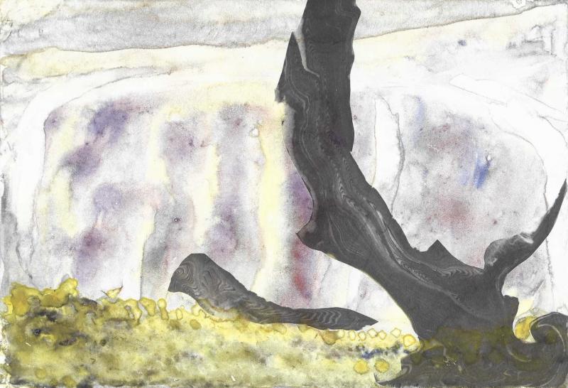 Akvarellimonotypia, chine collé ja suminagashi, 15 x 20 cm, 2026