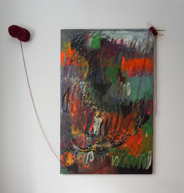 Noora Kosunen, "Pudonneet silmukat / (Never mind) The dropped stitches", 122x79cm, sekatekniikka puulle, 2023