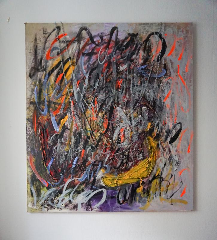 Noora Kosunen, "Just another banana on the wall", 138x122cm, sekatekniikka puulle, 2023