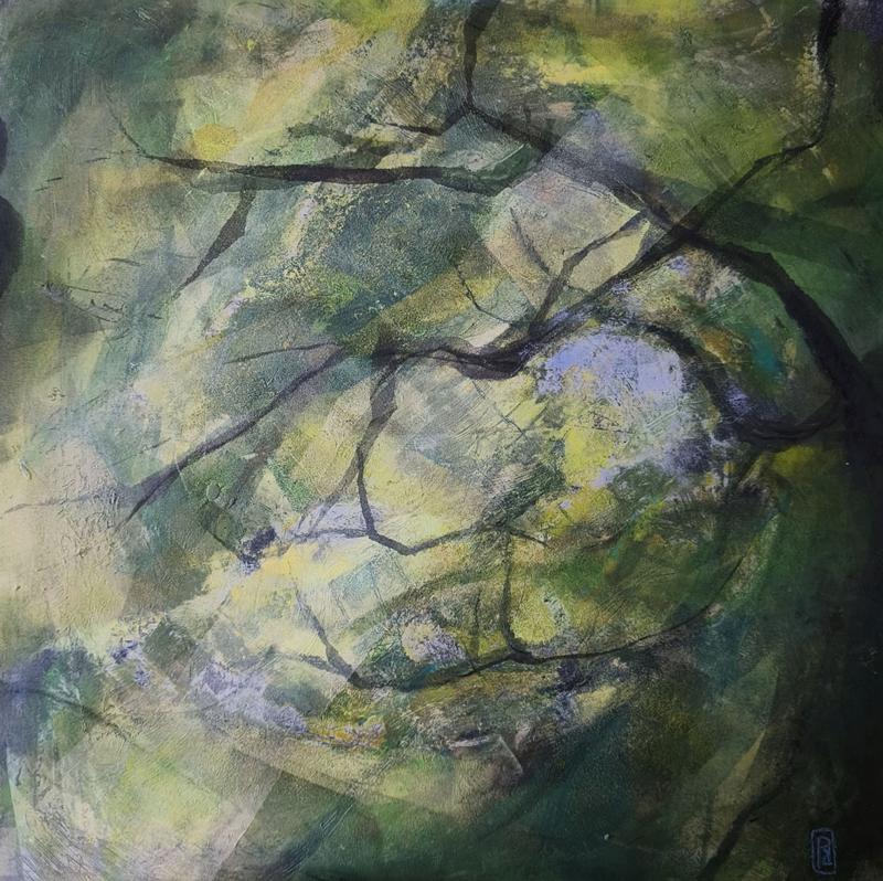 Pauliina Ruokokoski, Valon välkettä 1, kylmävaha-öljymaalaus vanerille, 50x50 cm, 2025