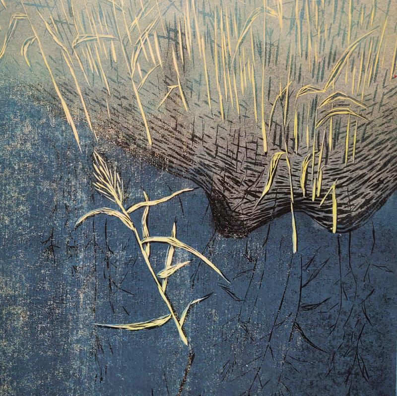 Pauliina Ruokokoski, Kaislikossa suhisee, puupiirros, 32x45 cm, 2023