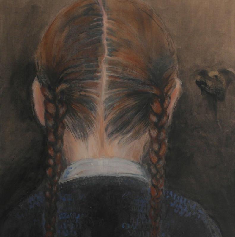 Riitta Posti, Kuiskaaja, tempera kankaalle, 100 cm x 80 cm, 2022