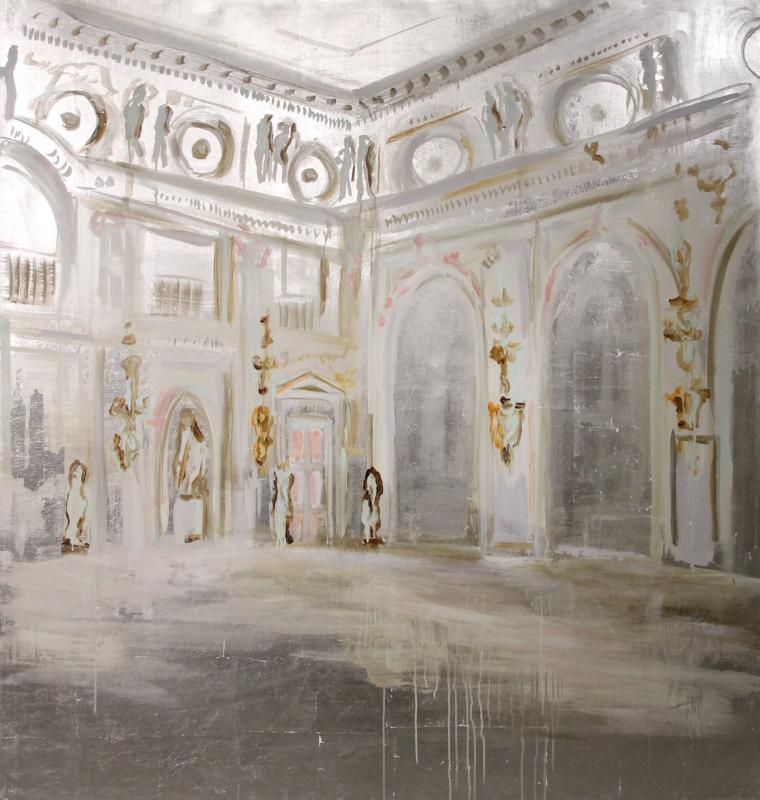 Silver Palace, 150 x 140 cm, akryyli ja lyöntimetalli kankaalle, 2024