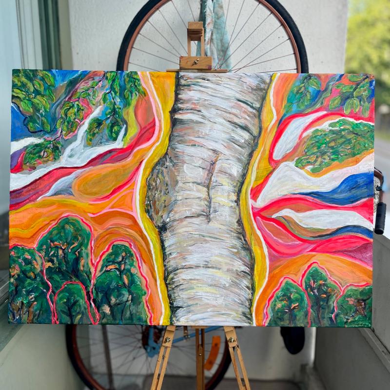 Janne Autio, Polywood, 100 x 70cm, Sekatekniikka kierrätysmateriaaleihin. Vuosi 2025. 