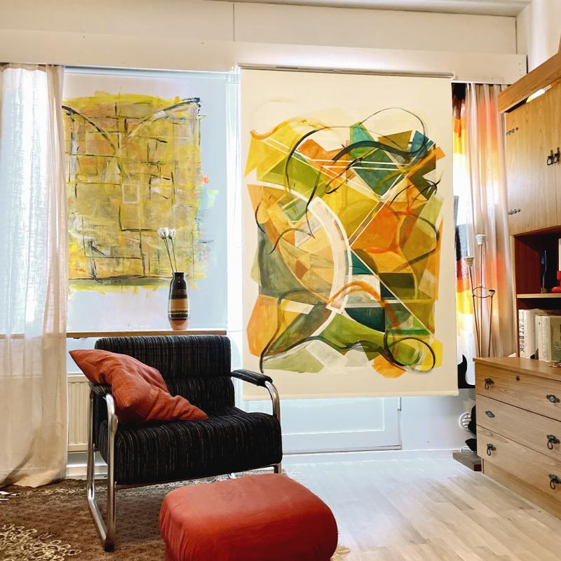 Janne Autio, Livingroom2, 100 x 130cm, Akryyli rullaverhoon, Vuosi 2024. 
Foldblind, 116 x 160cm, Akryyli rullaverhoon, Vuosi 2025.