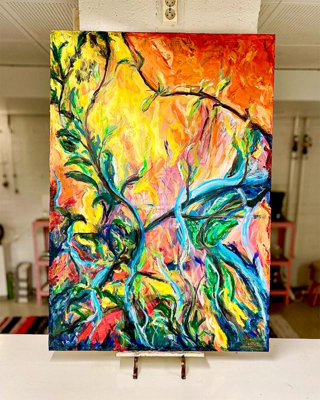 Janne Autio, Tilauksesta, 100 x 70cm, Sekatekniikka kierrätysmateriaaleihin. Vuosi 2025