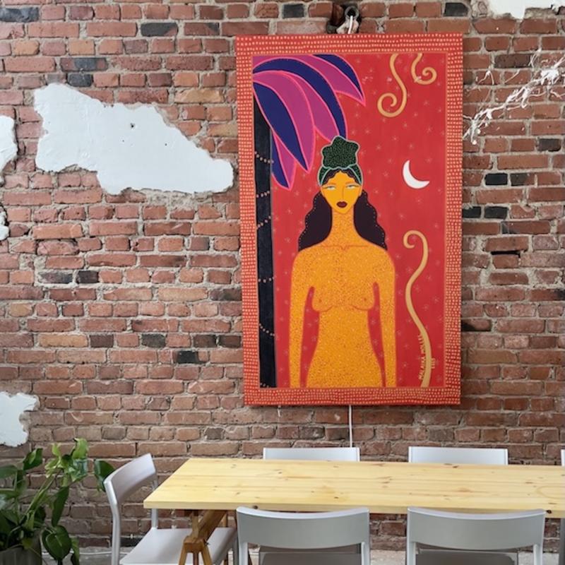 Malaika Mollel, Persistent Dreamer, akryyli vanerille, 122 x 202cm, 2025