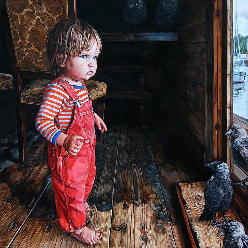 Anna-Liisa Kankaanmäki, Tyttö ja naakat, öljyväri ja akryyli kankaalle, 86 x 72 cm, 2025