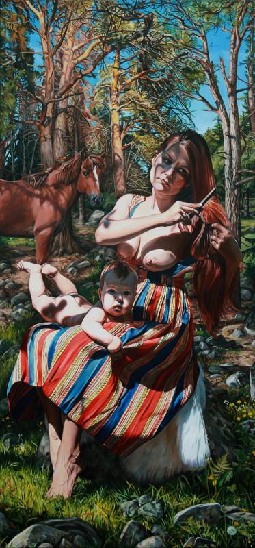 Anna-Liisa Kankaanmäki, Marjatta harjaa hiuksiaan, öljyväri haapapuulle, 118 x 56 cm, 2023