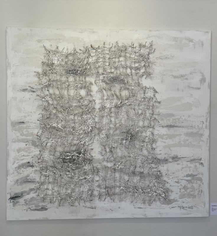 Marja-Leena Kajander, Onnelliset yhdessä, 140x150 cm, sekatekniikka pellavalle, 2025