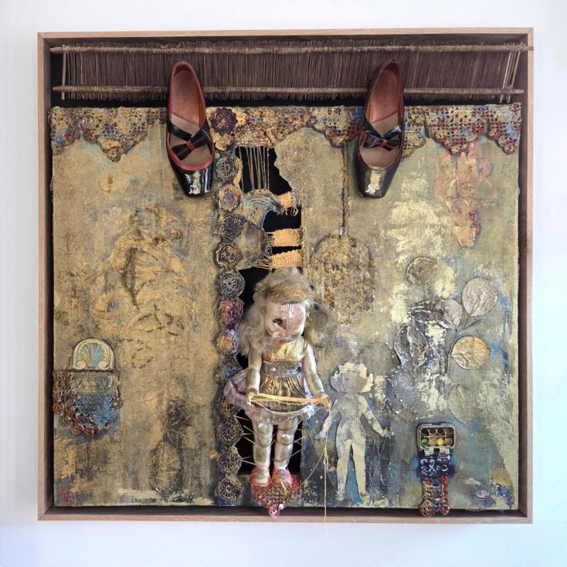 Annukka Mikkola, Aomame, mixed media; oil painting, recycled materials, 82 × 82 × 18 cm, 2023.