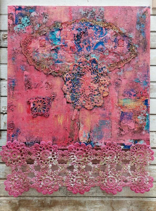 Annukka Mikkola, mixed media; oil, recycled lace, handmade paper, 80 × 105 × 4 cm, 2025.