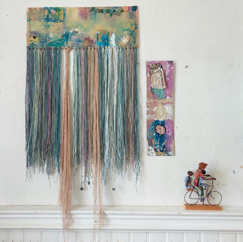 Annukka Mikkola, An Old Story installation, mixed media; oil painting, recycled materials and found natural objects, ready-made, 75 × 105 × 7 cm, 2024.