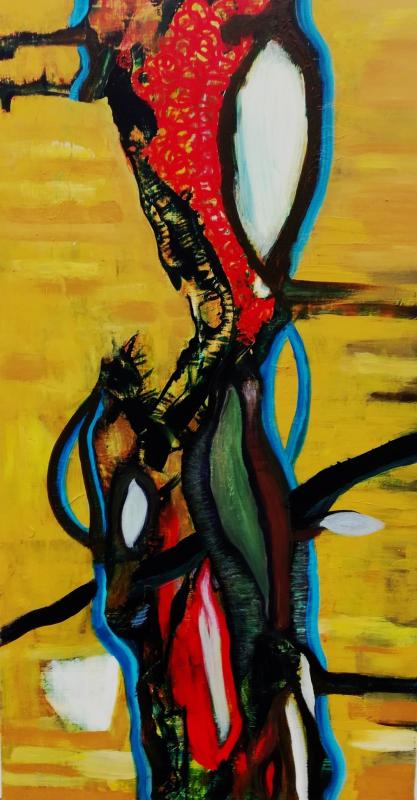 Sirja-Erika Virpikari. 2023. Se mitä jää. Akryyli puulevylle. 50x90 cm.