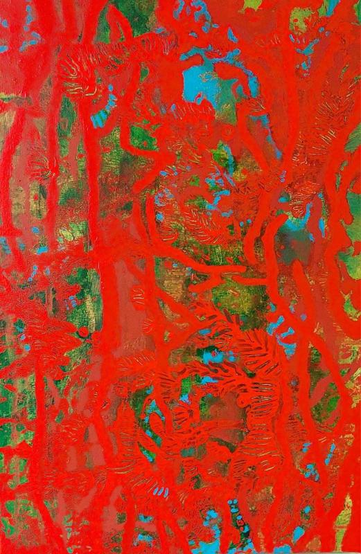 Pieni punainen metsä II, 2024, Akryyli kankaalle. 60x40 cm. 