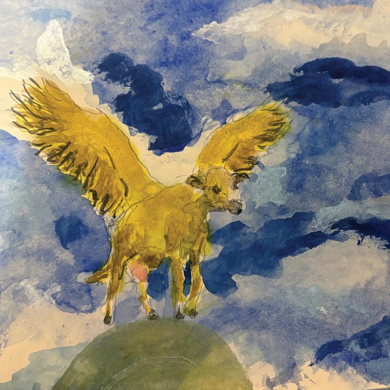 Hetki ilman ja mullan välissä, teos sarjasta "Kun maa unohtaa painonsa". Akvarelli, 2025.