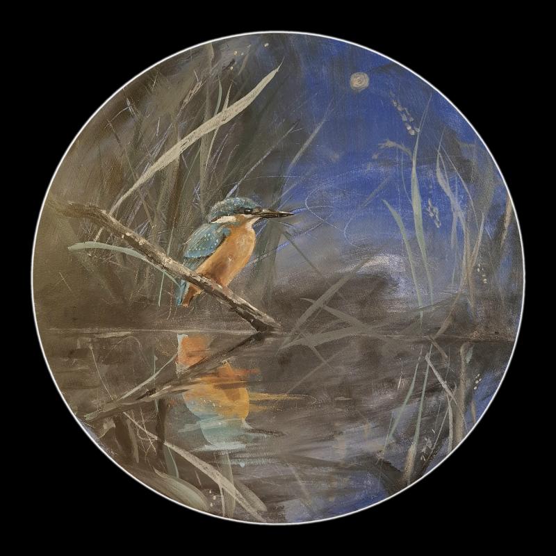 Suvi Komsa, Kuningaskalastaja & kuu, akryyli kankaalle, 2026, halk 40cm